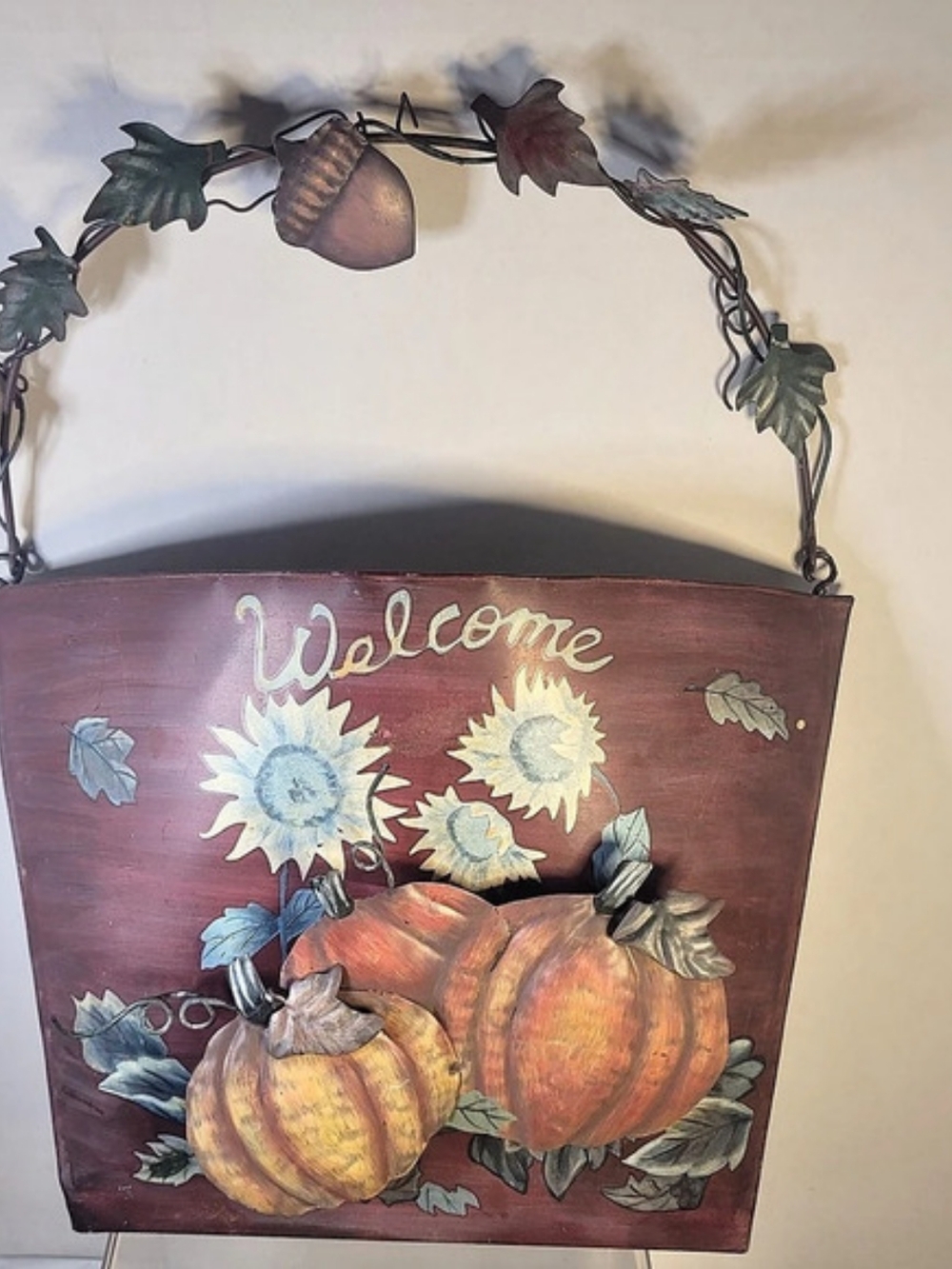 Metal Fall Welcome Basket Wall Hanging Pumpkin Sunflower Autumn  Decor (A3)